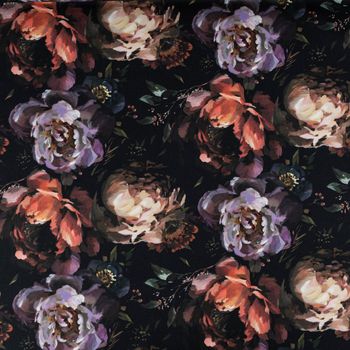Dekostoff Baumwollstoff Halbpanama Digitaldruck Peony Handpainted Art Pfingstrosen schwarz flieder rosa 1,40m Breite