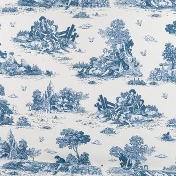Dekostoff Halbpanama Classic Shepherd Scene Toile de Jouy ecru blau 1,40m Breite