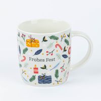 Weihnachtstasse mit verschiedenen Weihnachtsmotiven und Schriftzug "Frohes Fest"