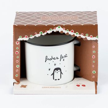 Weihnachtstasse Vintage mit Schriftzug "Frohes Fest" in weihnachtlicher Produktverpackung