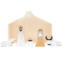 Krippen-Set mit Figuren - Holzfiguren stehen vor der Holzkrippe