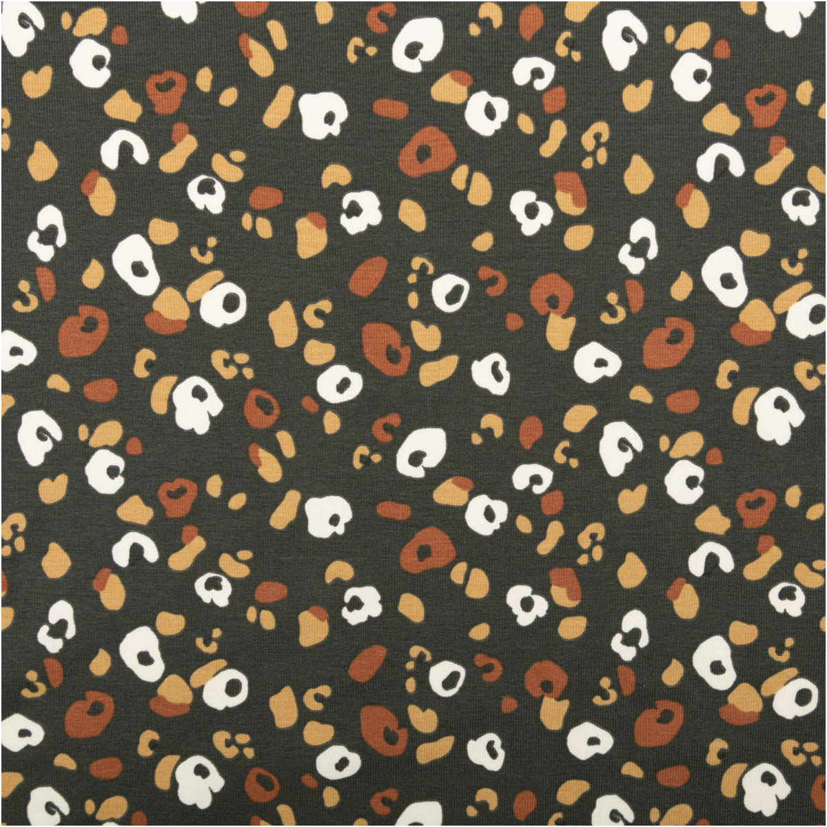 Jersey Stoff Baumwolljersey Lyad Leo dunkelgrau braun 1,45m Breite Jersey Stoff mit braunem und weißem Leo-Muster auf dunkelgrauem Hintergrund, Nahaufnahme des Materials