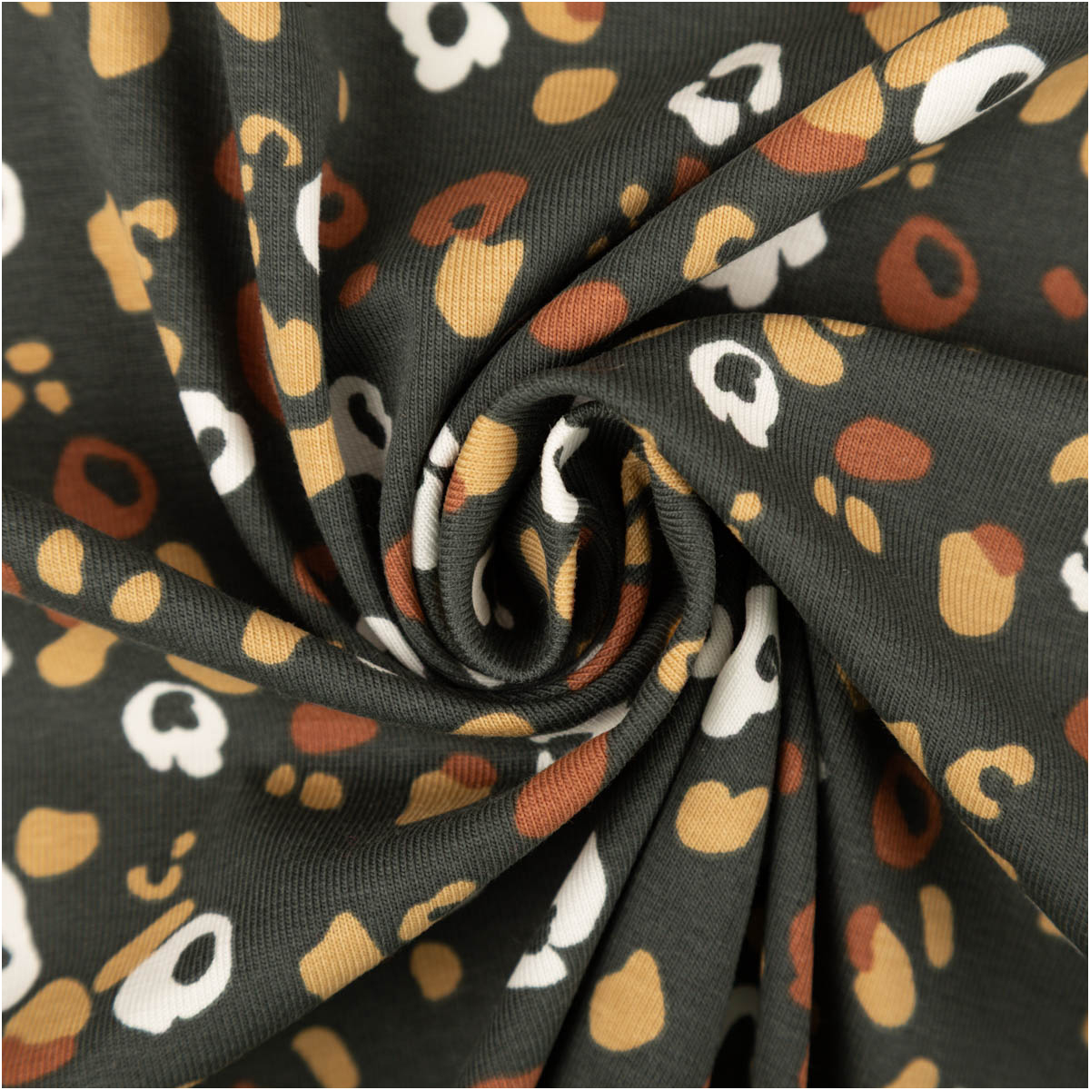 Jersey Stoff Baumwolljersey Lyad Leo dunkelgrau braun 1,45m Breite Jersey aus Baumwolle mit braun-weißem Leo-Muster, zur Spirale gedreht, Stoffstruktur gut erkennbar