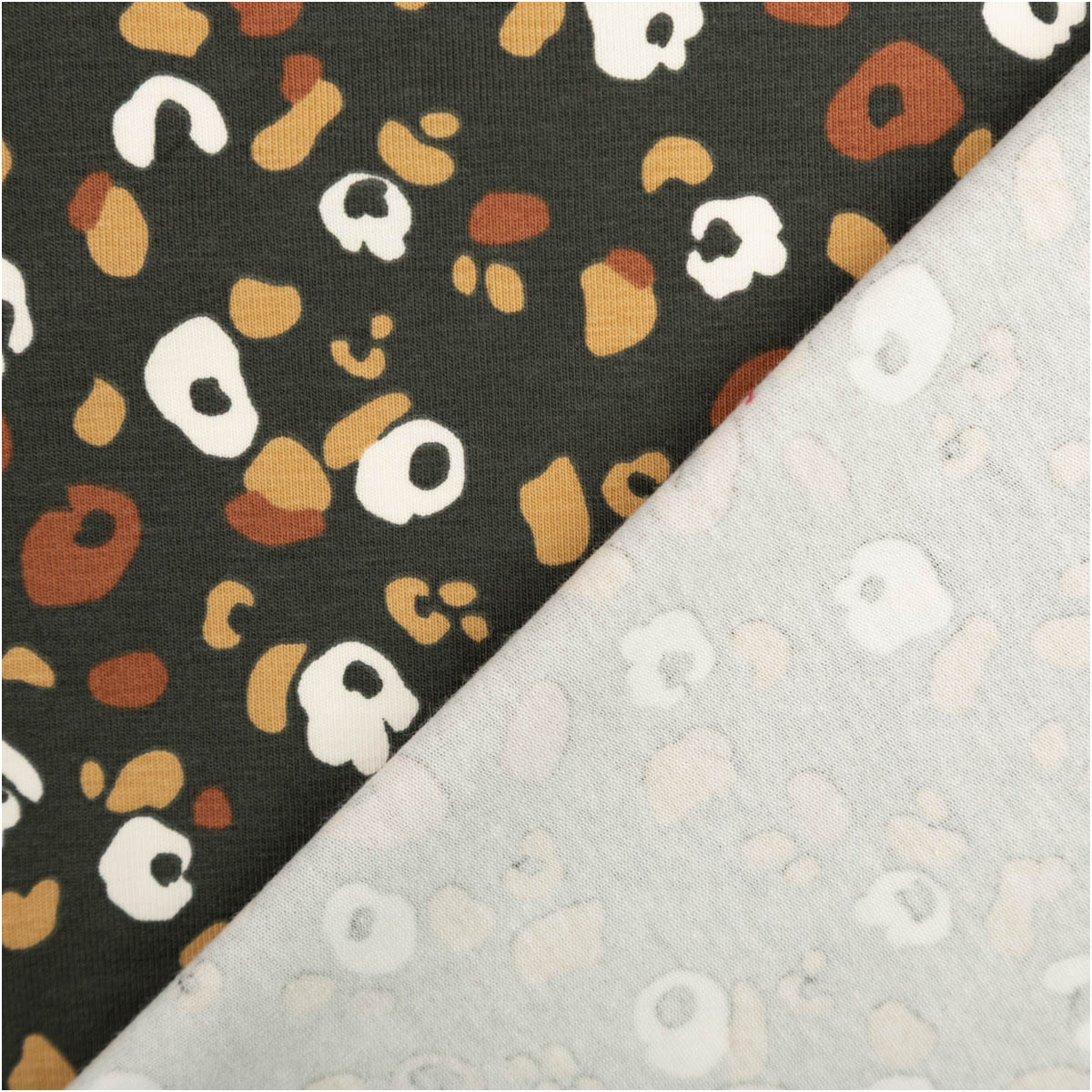 Jersey Stoff Baumwolljersey Lyad Leo dunkelgrau braun 1,45m Breite Jersey aus Baumwolle mit dunkelgrauem Grund und braun-weißem Leo-Motiv, Vorder- und Rückseite sichtbar