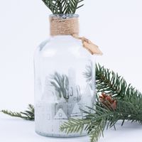 Detailaufnahme Vase mit halbtransparenter Häuserreihe mit durchscheinenden Tannenzweig im Hintergrund