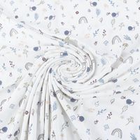 86448-Jersey-Baumwolljersey-Baby-und-Kinderstoff-Schnecken-Zweige-Pilze-wollweiss-blau-1-5m-Breite-86448-06.jpg Jersey aus Baumwolle in Weiß mit kleinen Schnecken und Blättern gedreht