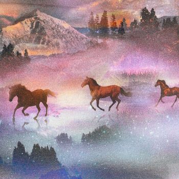 French Terry Sommersweat Digital Mystical Horses Pferde Berge Sternenhimmel  blau violett 1,45m Breite