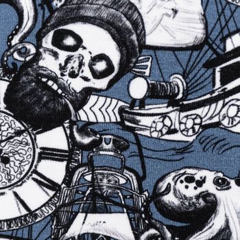 Jersey Stoff Baumwolljersey Digital Skulls Pirat Totenkopf Segelschiff blau 1,50m Breite