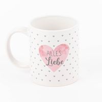 Tasse mit Aufschrift Alles Liebe und rosa Herz henkel links