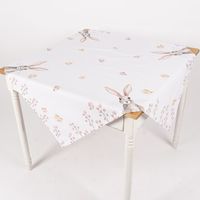 Mitteldecke mit Kaninchen, Blumen und Schmeetterlingen in beige rosa braun auf weiß