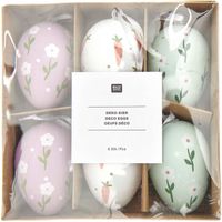 Dekoeier zum hängen in verschiedenen FArben bemalt mit Karotten und Blumen in Verpackung