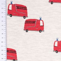 Jersey Stoff Melange FIRETRUCKS Feuerwehr Fahrzeuge ecru rot 1,45m Breite