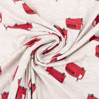 Jersey Stoff Melange FIRETRUCKS Feuerwehr Fahrzeuge ecru rot 1,45m Breite