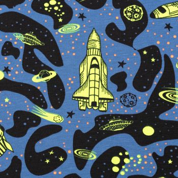 Jersey Stoff NEON SPACE Weltraum Rakete blau neon gelb 1,45m Breite