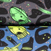 Jersey Stoff NEON SPACE Weltraum Rakete blau neon gelb 1,45m Breite