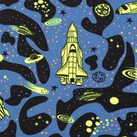 Jersey Stoff NEON SPACE Weltraum Rakete blau neon gelb 1,45m Breite
