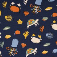 Jersey Stoff OCEAN ANIMALS Krabbe Schildkröte dunkel blau bunt 1,5m Breite