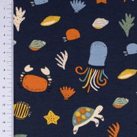 Jersey Stoff OCEAN ANIMALS Krabbe Schildkröte dunkel blau bunt 1,5m Breite