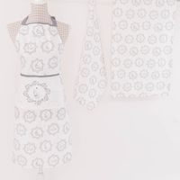 Schürze mit grau-weißem Katzendesign mit Ofenhandschuh, topflappen, Geschirrtuch und Tischläufer