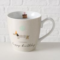 Tasse mit Dackel im grauen Pulli und aufschrift happy birthday