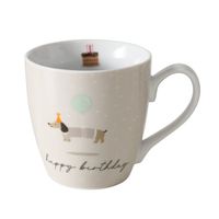 Tasse mit Dackel im grauen Pulli und aufschrift happy birthday
