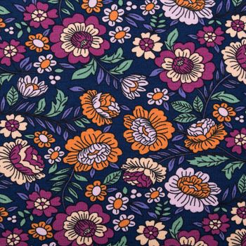 Jersey Stoff FLOWERS Blumen Blätter dunkelblau bunt 1,5m Breite