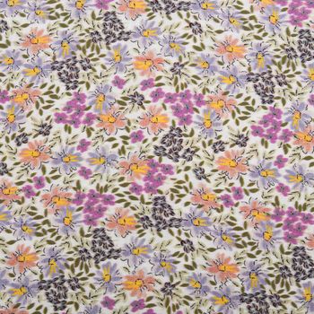 Viskose Stoff Radiance Blumen Blätter Digitaldruck für Bekleidung weiß lila 1,4m Breite