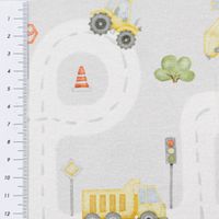 Jersey Stoff Digitaldruck Aquarell Straße Baufahrzeuge grau bunt 1,4m Breite