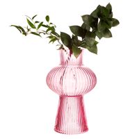 88046-Vase-Rillen-rosa-35x19x10cm-von-Sass-und-Belle-GLEE165-B.jpg Moderne Glasvase mit Rillen-Design von Sass & Belle in Rosa 35x19x10cm mit Blätterzweigen dekoriert