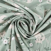 Baumwollstoff Popeline Fine Poplin Digitaldruck CATS Katzen Blumen mint grün beige 1,45m Breite