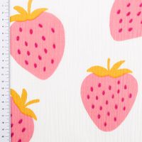 Musselin Stoff STRAWBERRIES Erdbeeren groß offweiß pink 1,35m Breite