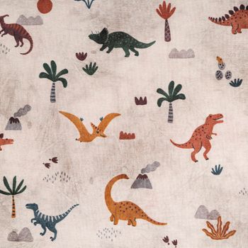 Jersey Stoff Digitaldruck Dinos Vulkan Palmen beige braun 1,45m Breite Detail