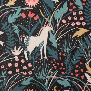 Tischdeckenstoff abwaschbar Baumwollstoff beschichtet AZORA Einhorn Blumen schwarz bunt 1,45m Breite Detail