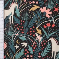 Tischdeckenstoff abwaschbar Baumwollstoff beschichtet AZORA Einhorn Blumen schwarz bunt 1,45m Breite mit Maßband