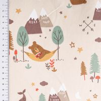 Baumwollstoff Webware GLAMPING Camping Bär Biber Berge beige braun 1,47m Breite mit Maßband