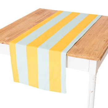 Tischläufer Outdoor hellblau gelb mit breiten Streifen, 40x160cm, über Tischkante fallend