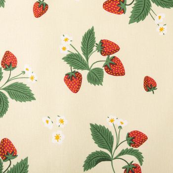 Dekostoff Halbpanama Strawberry Happy Fruit Erdbeeren vanille rot 1,4m Breite Nahaufnahme