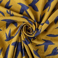 Musselin Stoff Double Gauze Zozio Vögel senf gelb blau 1,30m Breite gedreht