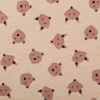 Jersey Stoff Baumwolljersey Ruzmi Bär Fuchs Gesichter camel braun 1,45m Breite Detailaufnahme