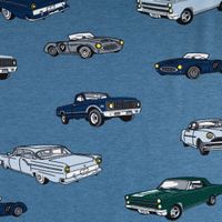 Jersey Stoff Baumwolljersey CLASSIC CARS Autos jeans blau grün 1,45m Breite Nahaufnahme