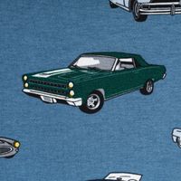 Jersey Stoff Baumwolljersey CLASSIC CARS Autos jeans blau grün 1,45m Breite Detailaufnahme