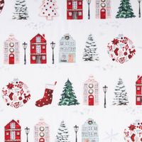 Baumwollstoff Popeline Digitaldruck Anvers Weihnachtshäuser weiß rot 1,47m Breite Nahaufnahme
