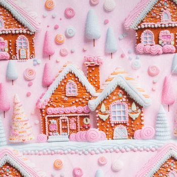 Baumwollstoff Popeline Digitaldruck Weihnachtsstoff Gretel Lebkuchenhaus rosa 1,47m Breite Nahaufnahme
