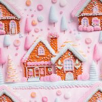 Baumwollstoff Popeline Digitaldruck Weihnachtsstoff Gretel Lebkuchenhaus rosa 1,47m Breite Nahaufnahme