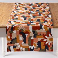 Tischläufer Canvas von SCHÖNER LEBEN, 40x160 cm, Retro-Dessin „Naive“ mit buntem geometrisch-floralem Muster in Orange, Rot, Grün, Beige und Dunkelblau - von vorne