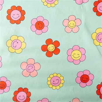 Tischdeckenstoff abwaschbar Baumwollstoff beschichtet HAPPY FLOWERS lachende Blumen mint grün rosa gelb 1,45m Breite