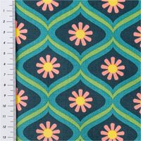 Tischdeckenstoff abwaschbar Baumwollstoff beschichtet FLOWERS Blumen Art Déco petrol grün rosa 1,45m Breite mit Maßband
