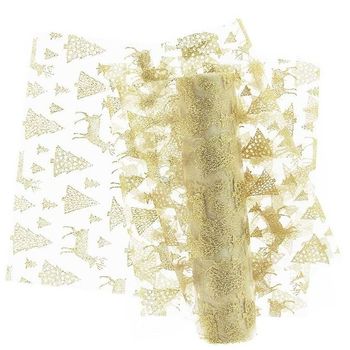 Festlicher Tischläufer aus Organza mit Tannen und Hirschen in Weiß und Gold in der Größe 28x300cm