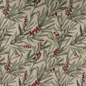 Gobelin Dekostoff Mistelzweige mit Beeren und goldfarbigen Lurexeffekten beige rot grün 1,40m Breite