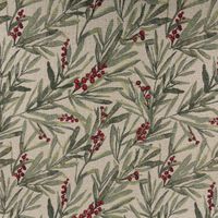 Gobelin Dekostoff Mistelzweige mit Beeren und goldfarbigen Lurexeffekten beige rot grün 1,40m Breite